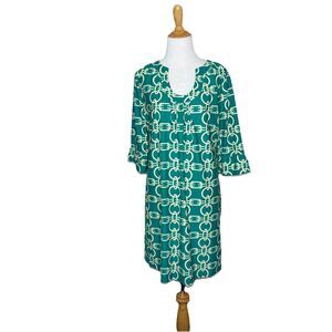 Aryeh Teal White 3/4 Sleeve  Keyhole neck Chain Pattern Dress Size Large NWT New
